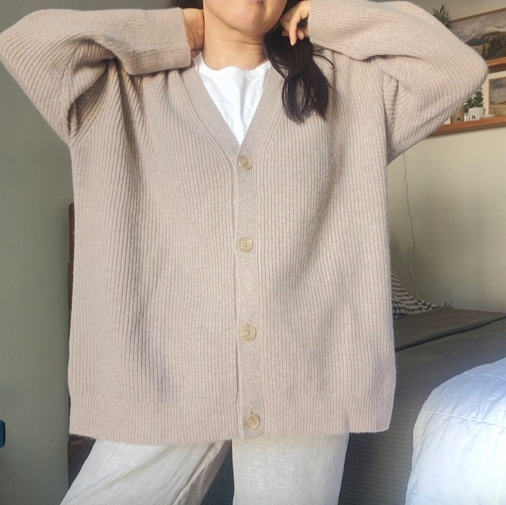 NWT Quince 100% Cashmere Oversized Cocoon Boyfriend Cardigan, Oatmeal Beige L